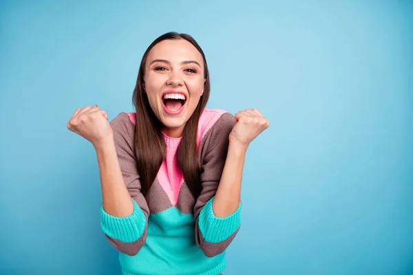 Photo of attractive feeling perfect nice glad teen girl celebrating her victory and triumph isolated vivid background — Stock Photo, Image