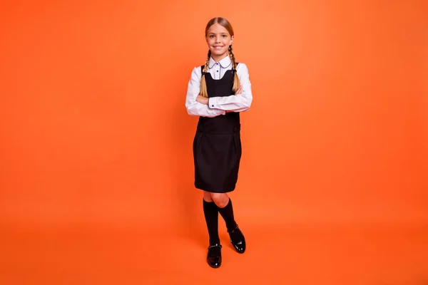 Full length body size view of her she nice attractive lovely charming cheerful cheery content pre-teen girl folded arms isolated over bright vivid shine orange background — Stock Photo, Image