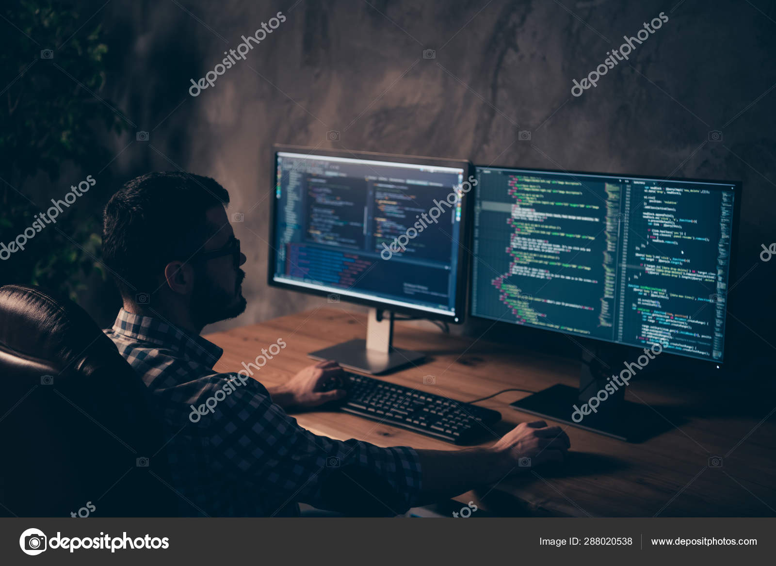 Close Up Back Rear Behind Photo Handsome He Him His Guy Coder Typing Keyboard Development Outsource It Processing Language Two Monitors Table Office Agency Wear Specs Formalwear Plaid Shirt Stock Photo By C