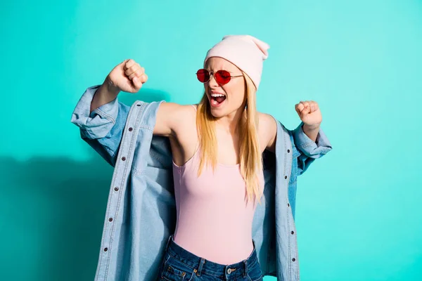 Portrait of her she nice attractive lovely cheerful cheery glad carefree glamorous girl wearing streetstyle clothing having fun rejoice isolated on bright vivid shine blue green turquoise background — Stock Photo, Image