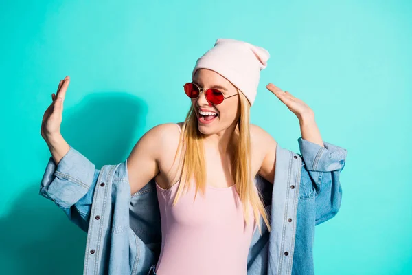 Close-up portrait of nice attractive lovely cheerful cheery glad girl wearing streetstyle clothing having fun free time rejoice festive isolated on bright vivid shine blue green turquoise background — Stock Photo, Image