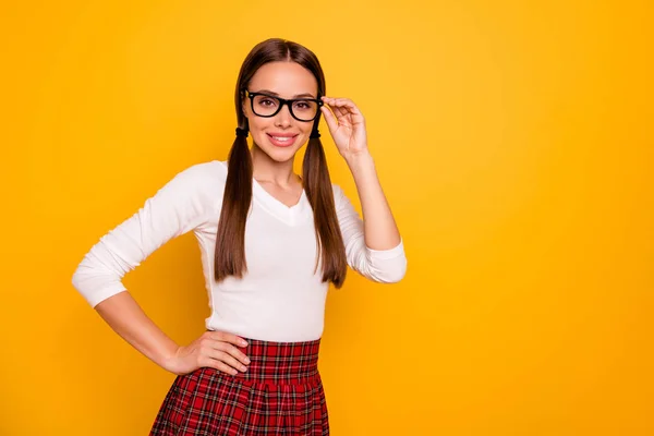 Retrato de elegante bonito bonito senhora toque especificações caudas satisfeito fresco confiante independente toque especificações vermelho luz de cor jovem roupa camisola roupa isolado fundo amarelo — Fotografia de Stock