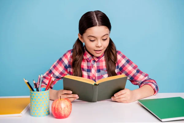 Primer plano retrato de ella ella agradable chica atractiva y enfocada usando camisa a cuadros de primer grado casa de trabajo de septiembre casa de lectura aislado sobre brillante brillante brillo azul turquesa fondo — Foto de Stock