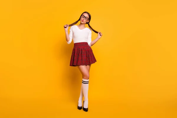 Full length body size view of her she nice attractive winsome lovely lovable sweet cheerful girl eyeglasses eyewear sending kiss isolated over bright vivid shine yellow background — Stock Photo, Image