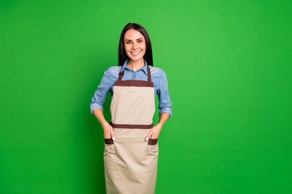 Close up foto bella lei la sua signora mani tasche braccia garantire ai clienti acquistare acquirenti migliore organizzazione di servizio sicuro di sé indossare jeans camicia denim coperto lavoro grembiule isolato nero grigio sfondo — Foto Stock