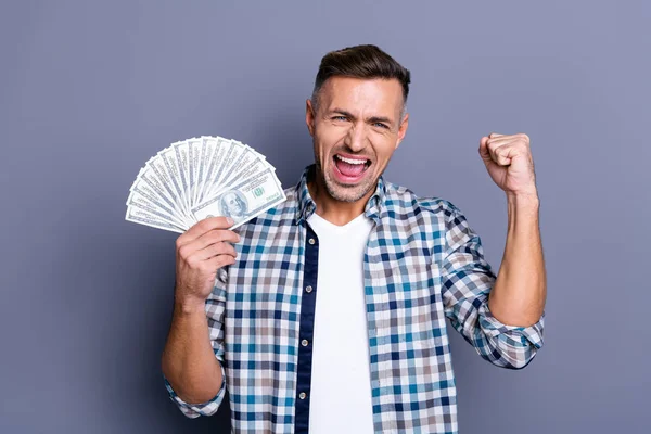 Portret van extatische Lucky Man raise vuisten schreeuwen schreeuwen ja hebben prestaties doelen kampioen Casino Triumph lonen geruit overhemd wit kapsel geïsoleerde grijze achtergrond — Stockfoto