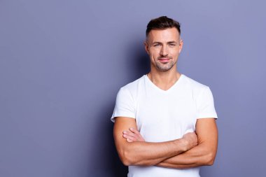 Close up photo amazing he him his middle age macho chief boss perfect ideal appearance easy-going reliable person look calm show white teeth bristle wear casual white t-shirt isolated grey background clipart