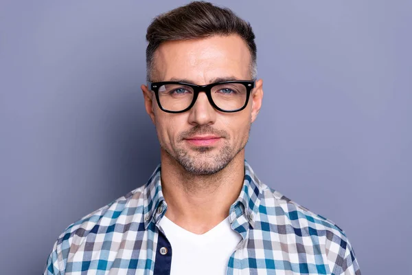 Close up photo handsome he him his guy intelligent reliable manager financier person peacefully cute not smile neat bristle beard wear specs casual plaid checkered shirt isolated grey background — Stock Photo, Image