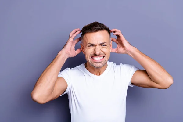 Close up photo amazing he him his middle age macho hands arms raised up air full anger outraged rage grin teeth complaining new hairdresser styling wear casual white t-shirt isolated grey background — Stock Photo, Image