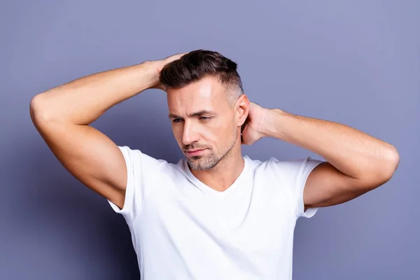 Close up photo amazing he him his middle age macho ponder pensive perfect appearance hands arms hold head neat hairdress styling stylist salon wear casual white t-shirt isolated grey background — Stock Photo, Image