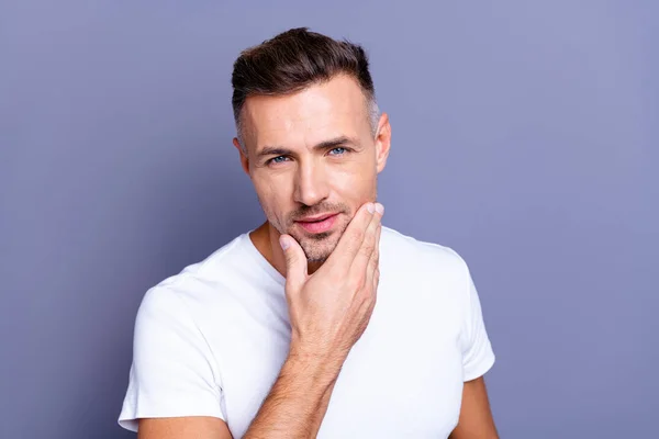 Close up photo amazing he him his middle age macho perfect ideal appearance look bath mirror show groomed neat stubble mustache test quality new balm wear casual white t-shirt isolated grey background — Stock Photo, Image