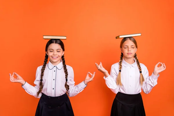 Porträt von zwei Personen schön attraktiv reizend charmant niedlich fröhlich ruhig pre-teen Mädchen halten Buch auf dem Kopf Gleichgewicht Üben om Chakra isoliert über hellen lebendigen Glanz orange Hintergrund — Stockfoto