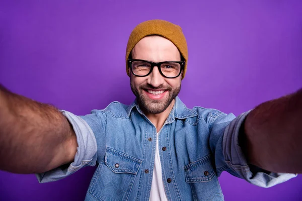Photo of cool guy online video translation own blog wearing specs casual denim outfit isolated violet background
