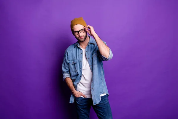 Portrait of his he nice attractive content virile brutal masculine cool bearded guy posing modern lifestyle isolated over bright vivid shine violet lilac purple background — Stock Photo, Image