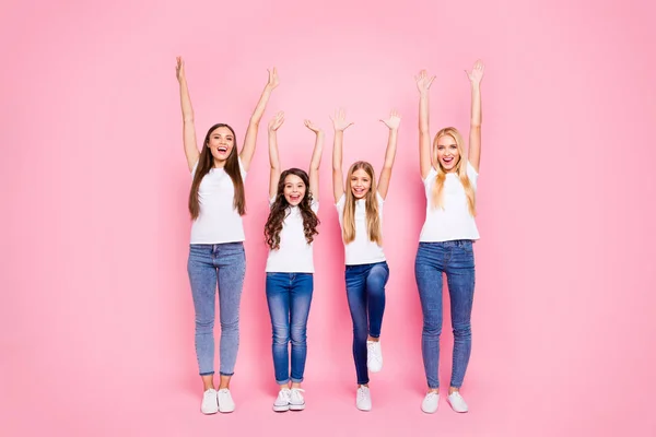 Full length photo of four different age ladies having fun wear casual outfit isolated pink background — Stock Photo, Image