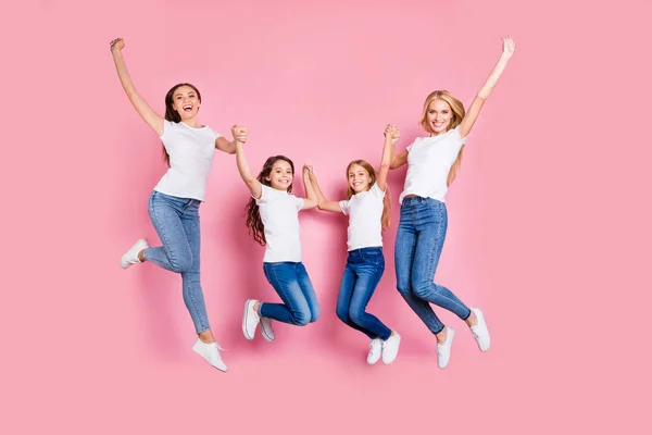 Full length body size view of nice attractive lovely charming slim fit thin graceful cheerful cheery glad excited girls having fun spending holiday weekend rejoicing isolated over pink background — Stock Photo, Image