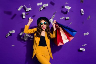 Portrait of her she nice lovely cheerful cheery glad wavy-haired lady shopaholic carrying bags flying 100 million budget salary success isolated over bright vivid shine violet lilac background clipart