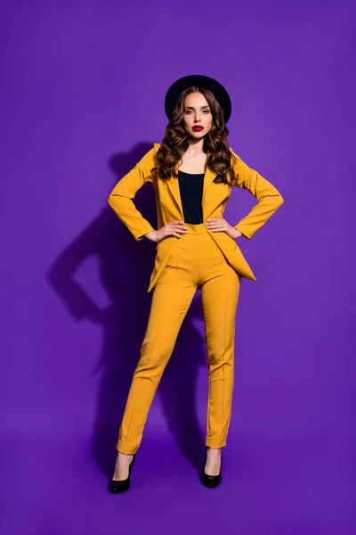 Vertical full length body size view of her she nice-looking attractive lovely content rich wealthy luxury wavy-haired lady posing hands on hips isolated over bright vivid shine violet lilac background — Stock Photo, Image