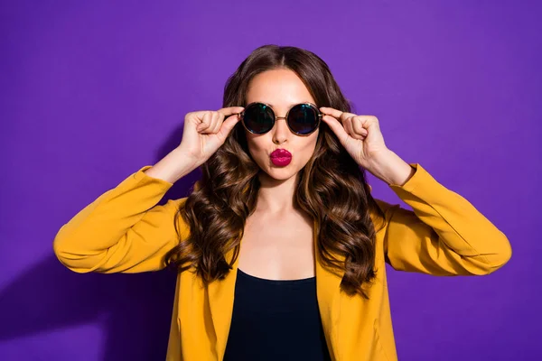 Close-up portrait of her she nice-looking lovely pretty charming cheerful cheery wavy-haired lady touching specs sending kiss isolated over bright vivid shine violet lilac purple background — Stock Photo, Image
