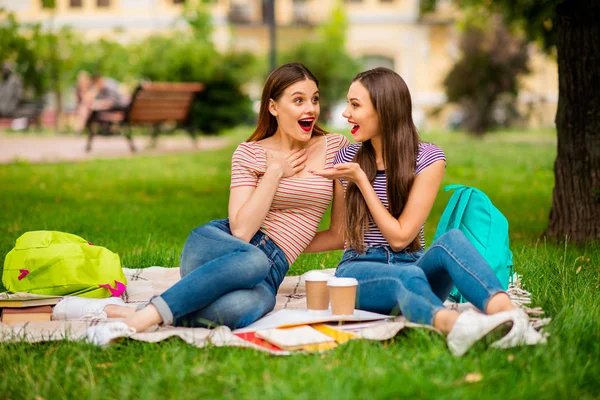 Full size photo of amazed buddies with red brunette hair pomade have mug bag backpack rucksack wear striped t-shirt denim jeans sit on plaid blanket in city center — Stock Photo, Image