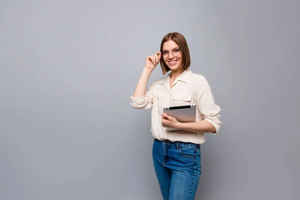 Close up side profile photo beautiful cheer she her business lady chief e-reader hands arms reader classroom lececture learn wear specs casual jeans denim white shirt isolated grey background — Fotografia de Stock