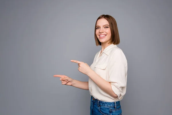 Portrait of nice pretty lovely lady have advertisements demonstrate promo promotion sales discounts dressed trendy blouse isolated silver argent grey background — Stock Photo, Image