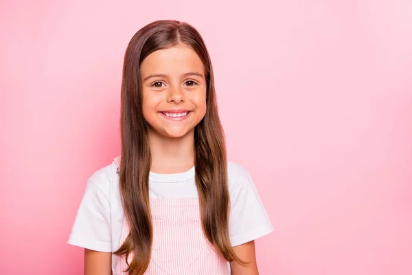 Closeup photo of little cute lady brown hair holidays mood leisure time wear rose overall white t-shirt isolated pink background — Stock Photo, Image