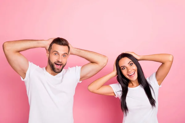 Portrait of his he her she two nice-looking attractive lovely charming cute cheerful cheery funny person having fun good news isolated over pink pastel background — Stock Photo, Image