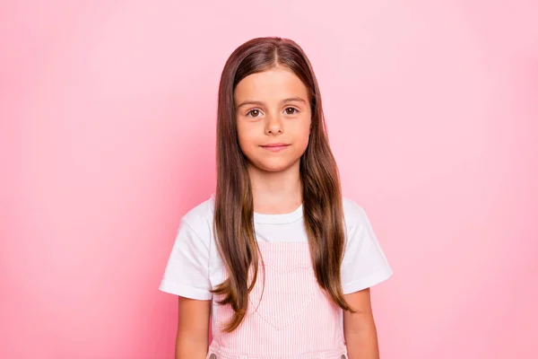 Closeup photo of little cute lady brown hair holidays mood calm wear rose overall white t-shirt isolated pink background — Stock Photo, Image