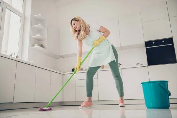 Low angle full length body size view portrait of her she nice attractive cheerful hard-working busy focused wavy-haired lady making cleanup fast comfort service in light white interior kitchen — Stock Photo, Image