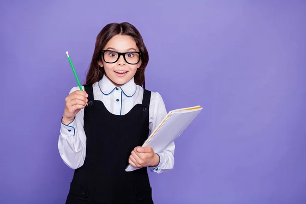 Portrait of her she nice attractive lovely cheerful cheery brainy genius diligent pre-teen girl nerd doing class home work task solution science isolated over bright vivid shine violet background — Stock Photo, Image