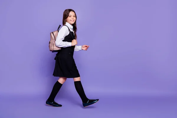 Pleine longueur profil de la taille du corps vue de côté de belle jolie gaie gaie poilue ondulée pré-adolescente allant à l'école classe isolé sur fond violet brillant vif — Photo