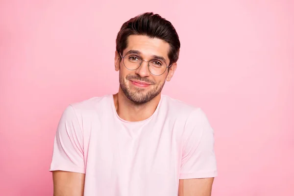Close-up portrait of his he nice attractive lovely cheerful cheery ignorant intellectual guy wearing specs shrugging shoulders isolated over pink pastel background — Stock Photo, Image