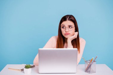 Close up photo beautiful she her lady hands arms lean hold air foxy head sit desk table notebook office workplace cant wait go home work wear casual pastel pullover isolated bright blue background clipart