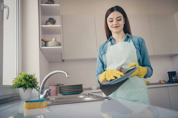 Foto de casa esposa secado platos limpios con servilleta fin de semana actividad desgaste delantal punteado cocina brillante — Foto de Stock