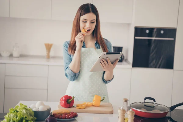 재미있는 아내 보기 전자 리더 웹 사이트 마스터 클래스의 사진은 준비 검색 적절한 조리법을 시작합니다 — 스톡 사진