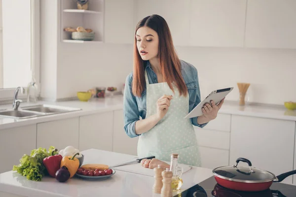 Foto de desgaste esposa atencioso avental pontilhado fazer jantar segurar e-reader mãos assistir masterclass internet — Fotografia de Stock