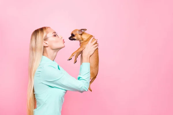 Profilo foto laterale di affascinante gioventù con occhiali da vista tenendo il suo animale domestico baciarlo formazione indossando camicia turchese isolato su sfondo rosa — Foto Stock