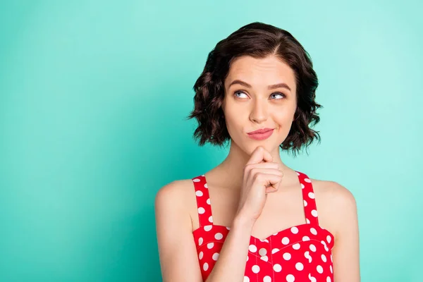 Close up photo of pondering charming interesting confused girl thinking over changing job while isolated with teal background — Stock Photo, Image