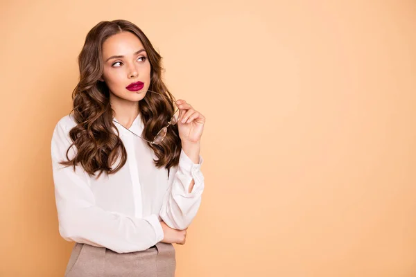 Retrato de ella ella agradable atractivo brillo encantador bastante profesional mente ondulada dama agente de bienes raíces creando solución aislada sobre fondo de pastel beige — Foto de Stock