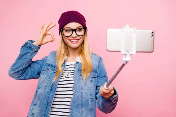 Photo of encouraged beautiful wonderful lady who is done with her home assignment and cannot help but rejoice it while isolated with pink background — Stock Photo, Image