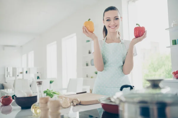 Foto van toothy dolblij gelukkig glimlachend meisje doen alsof ze koken voor haar man terwijl hij niet ziet haar gek — Stockfoto