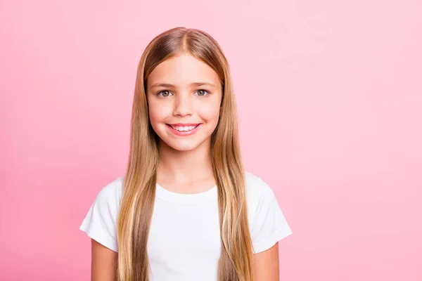 Photo of enjoying rejoicing nice girlstanding in front of pink background she is isolated with — Stock Photo, Image