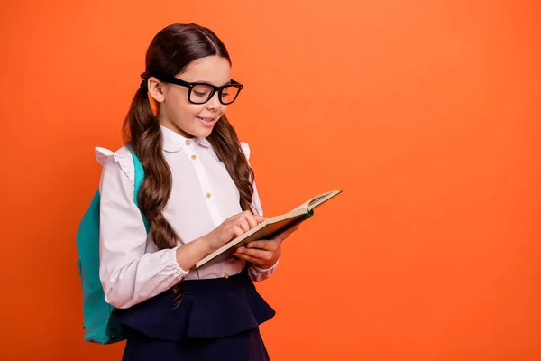 Retrato de criança focada adorável segurar mão livro impresso olhar obter informações homework exame desgaste branco blusa saia vestido tranças rabo de cavalo óculos óculos isolado laranja fundo — Fotografia de Stock