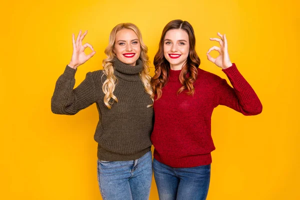 Amazing två damer visar okey symboler slitage stickade tröjor isolerad gul bakgrund — Stockfoto