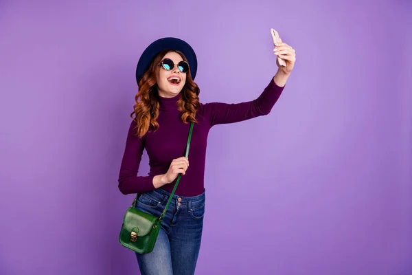 Portrait of funky stylish person make photo laugh hold hand device wearing eyewear eyeglasses isolated over purple violet background — Stock Photo, Image