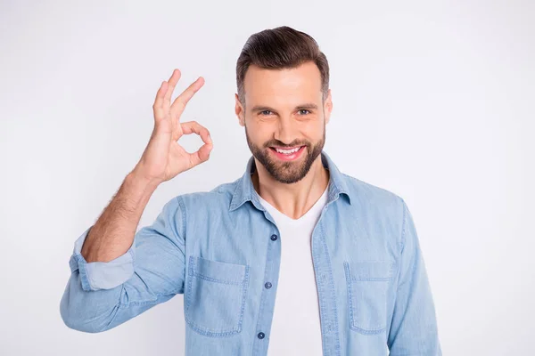 Retrato de cerca de su atractivo atractivo alegre alegre alegre contento chico mostrando solución de confianza ok-signo aislado sobre fondo pastel blanco claro — Foto de Stock