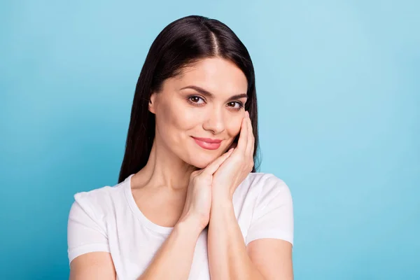 Close up photo of charming cute nice fascinating girlfriend rejoicing with her vacation while isolated with blue background — Stock Photo, Image