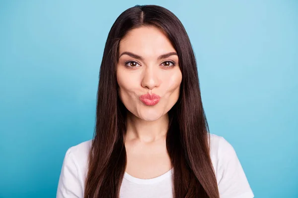 Closeup photo of romantic charming girlfriend with her lips pouted to plump you via camera isolated with blue background — Stock Photo, Image