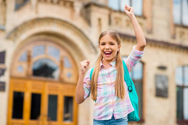 Retrato del niño encantado gritando sí levantando puños usando una camiseta a cuadros afuera — Foto de Stock